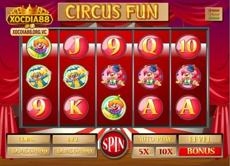 Hệ thống biểu tượng Circus Jackpot Xocdia88 với chú hề, bóng bay và các biểu tượng đặc biệt.