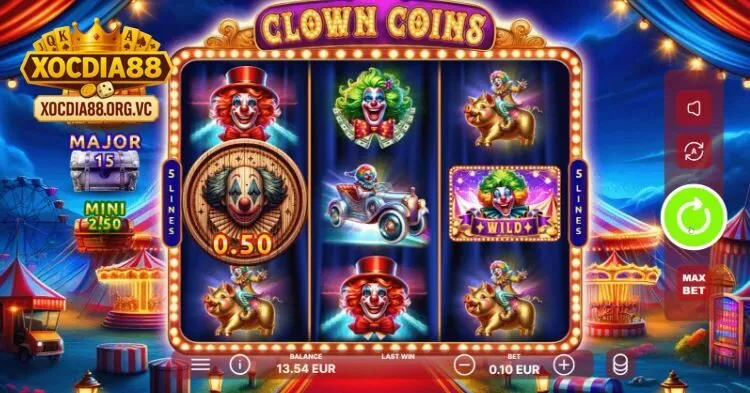  Giao diện Circus Jackpot Xocdia88 với hình ảnh rạp xiếc, chú hề và ánh đèn rực rỡ tạo không khí vui nhộn.
