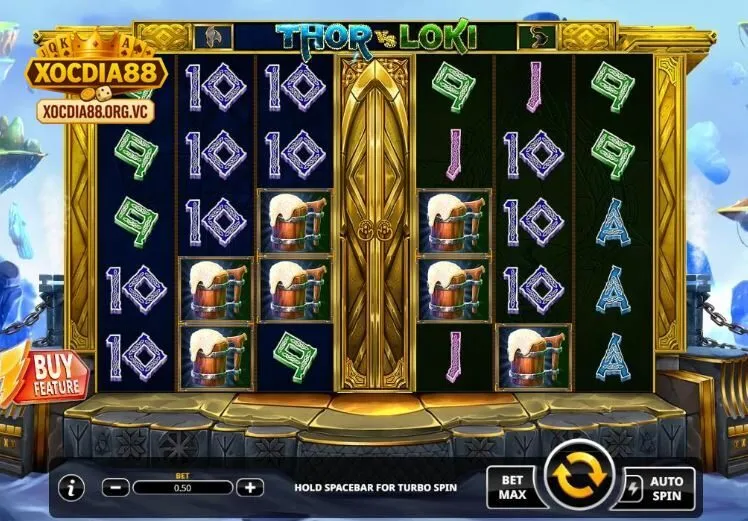 Các biểu tượng trong Ragnarok Thor vs Loki Xocdia88 gồm búa Thor, phép thuật Loki và rune thần bí.